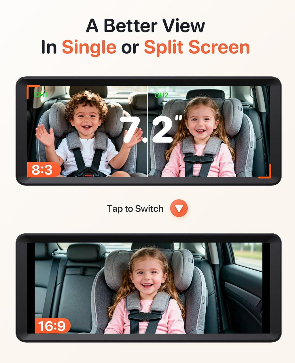 Dual Baby Car Camera Monitor 1080P With 7.2" Split Screen