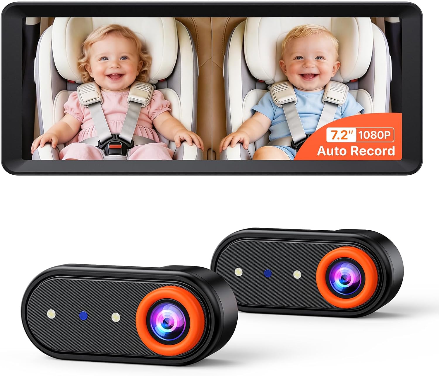 Dual Baby Car Camera Monitor 1080P With 7.2" Split Screen